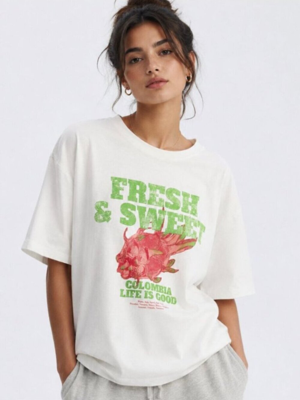 Zara Cotton Oversized T Shirt Short Sleeve Dragonfruit Beach White Pink Medium